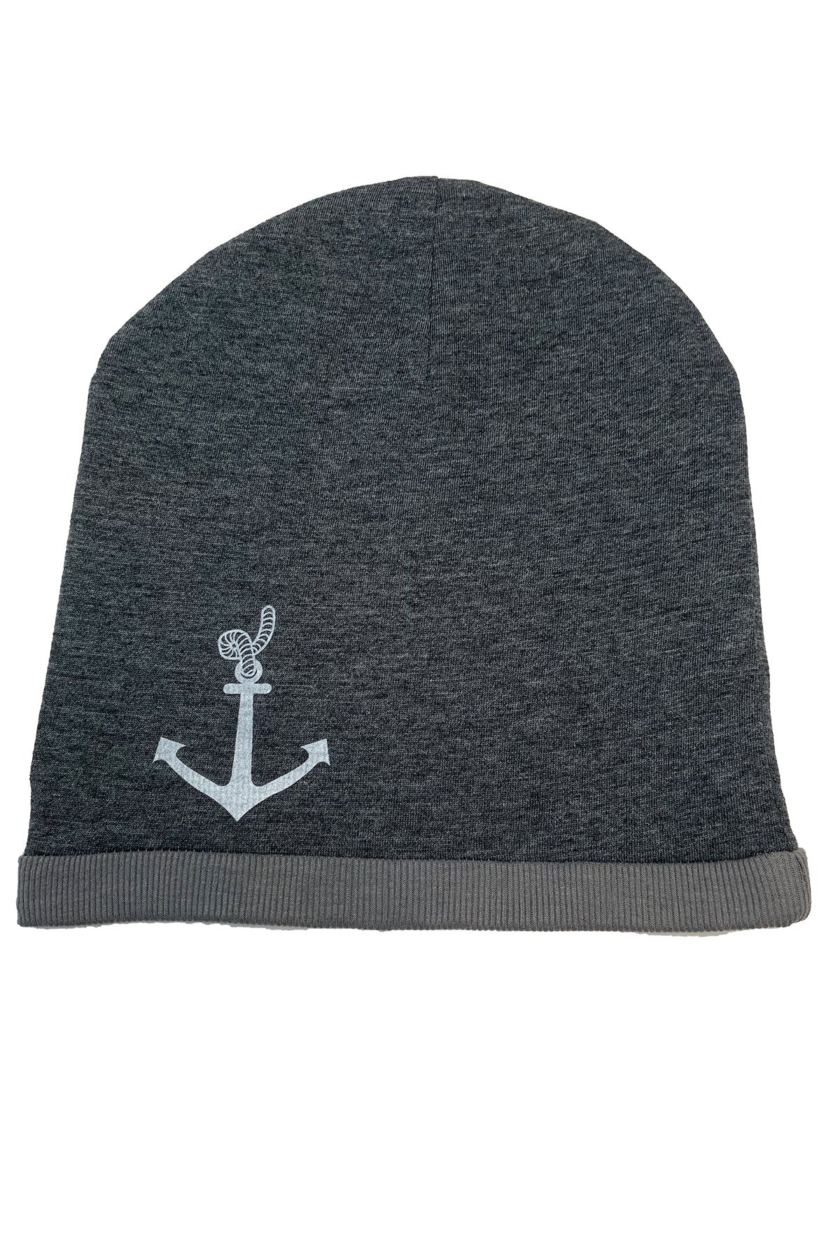 Beanie-Mütze Ahoi, grau, bedruckt, Steuerrad, Anker, Siebdruck, Kopfbedeckung, Jersey