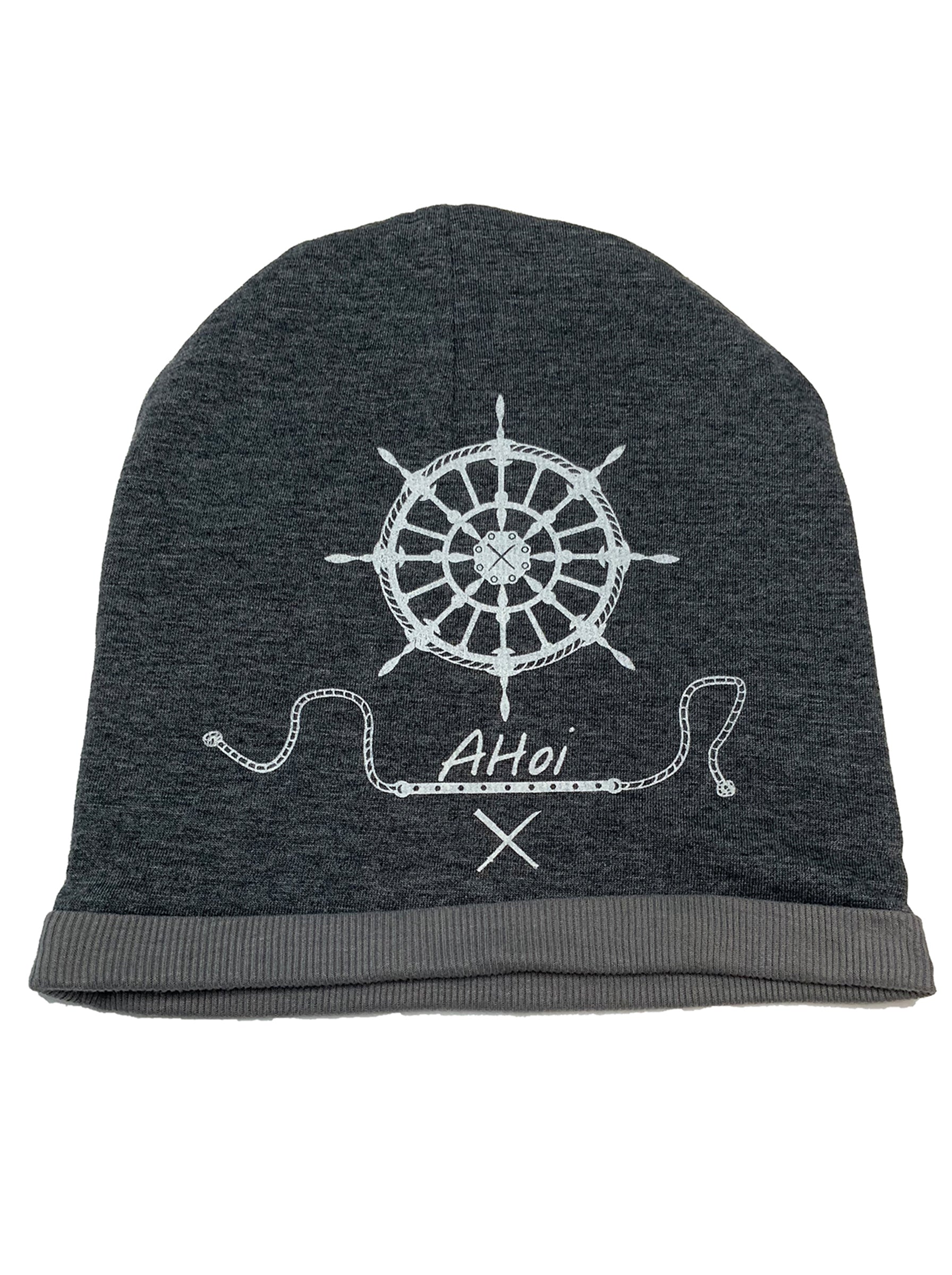 Beanie-Mütze Ahoi, grau, bedruckt, Steuerrad, Anker, Siebdruck, Kopfbedeckung, Jersey