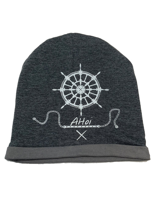 Beanie-Mütze Ahoi, grau, bedruckt, Steuerrad, Anker, Siebdruck, Kopfbedeckung, Jersey