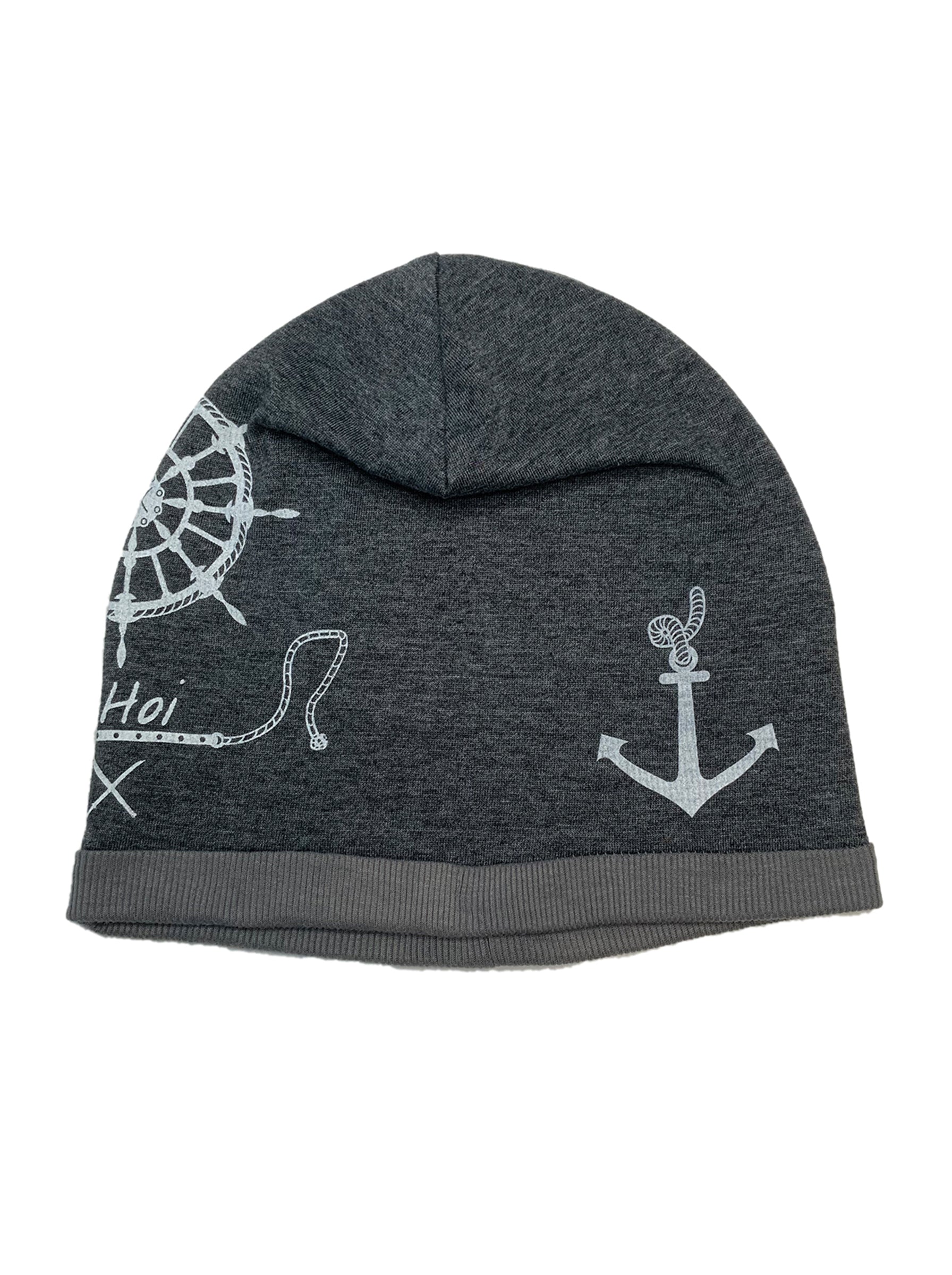 Beanie-Mütze Ahoi, grau, bedruckt, Steuerrad, Anker, Siebdruck, Kopfbedeckung, Jersey