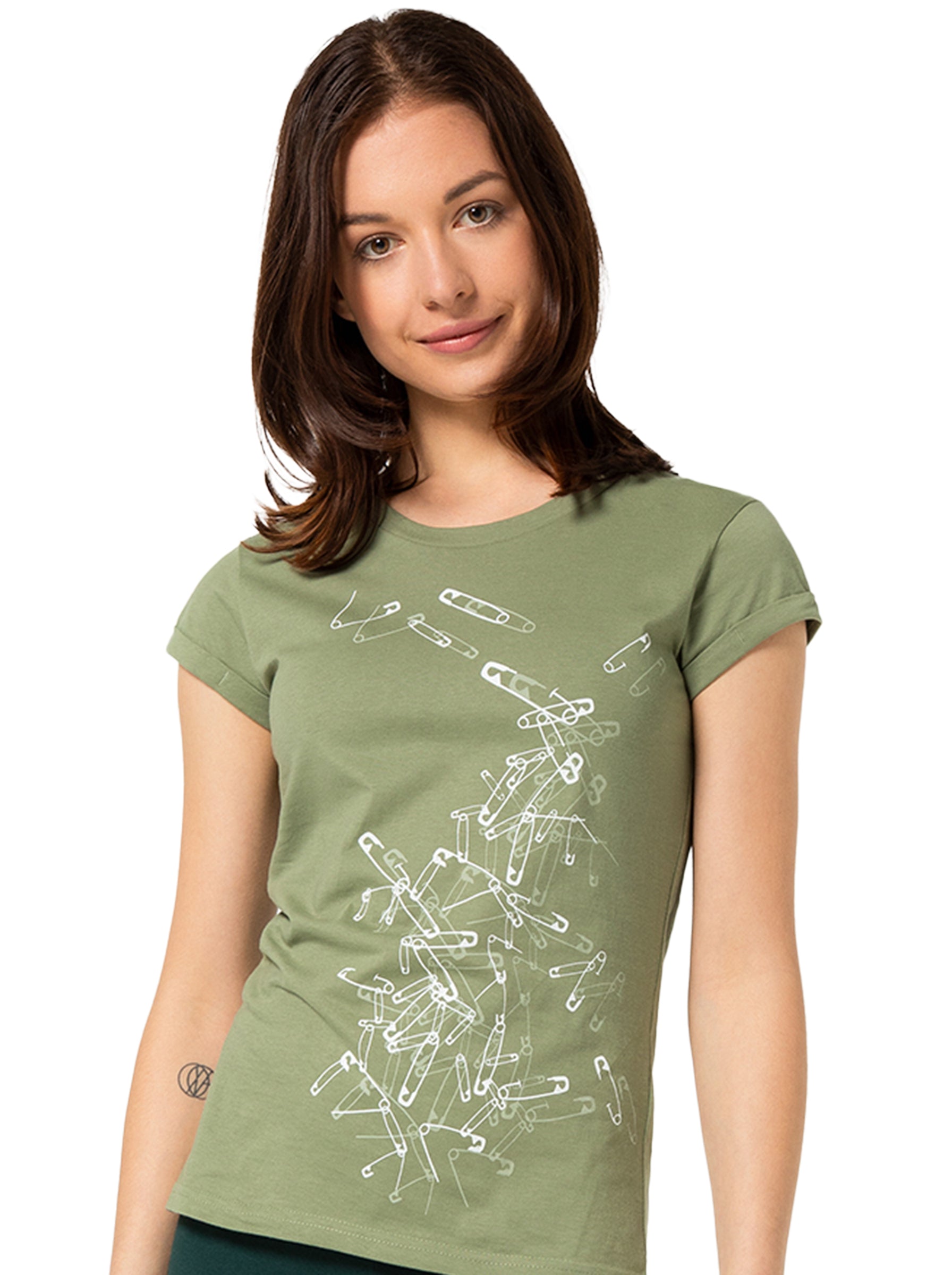 Shirt "Sicherheitsnadeln", khaki, Damenshirt, Siebdruck