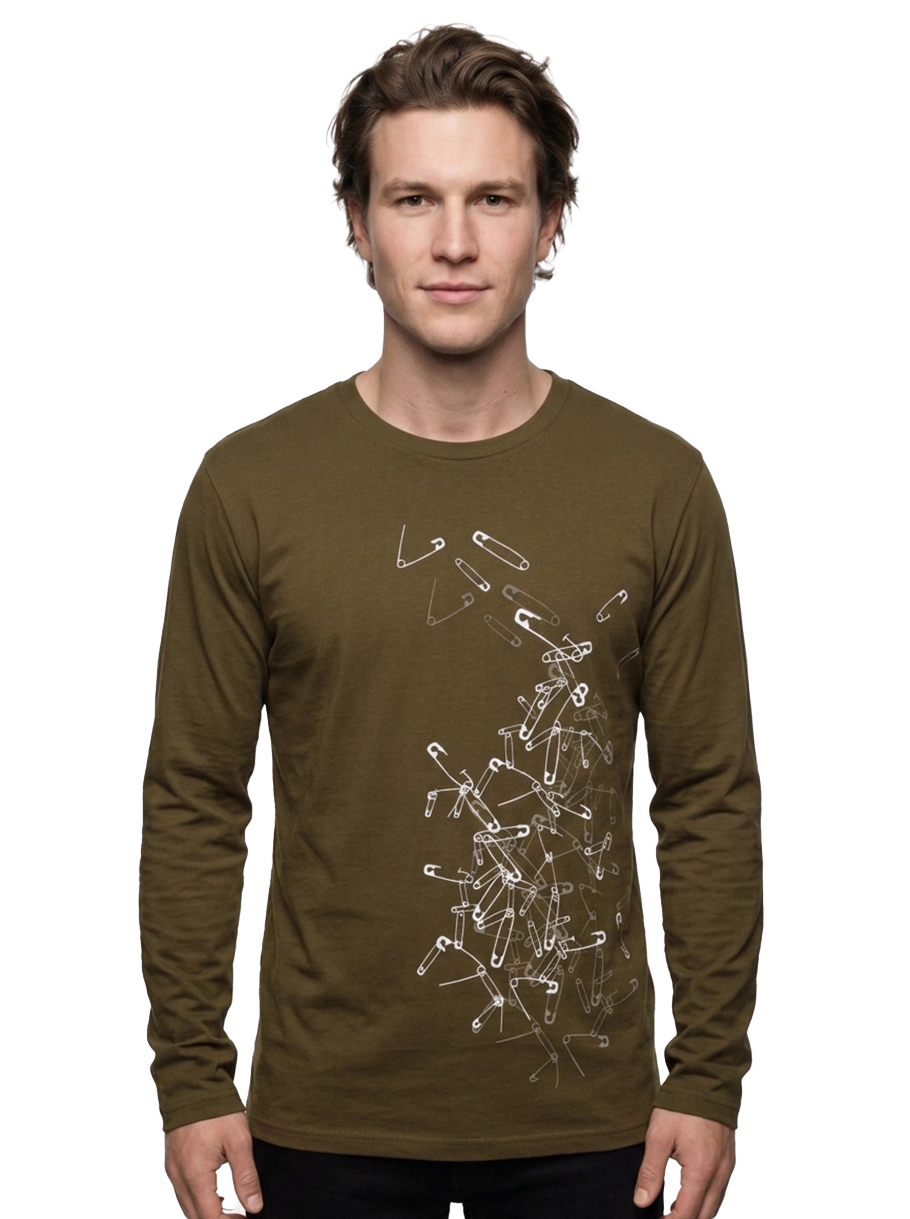 Langarmshirt "Sicherheitsnadeln" oliv, Siebdruck