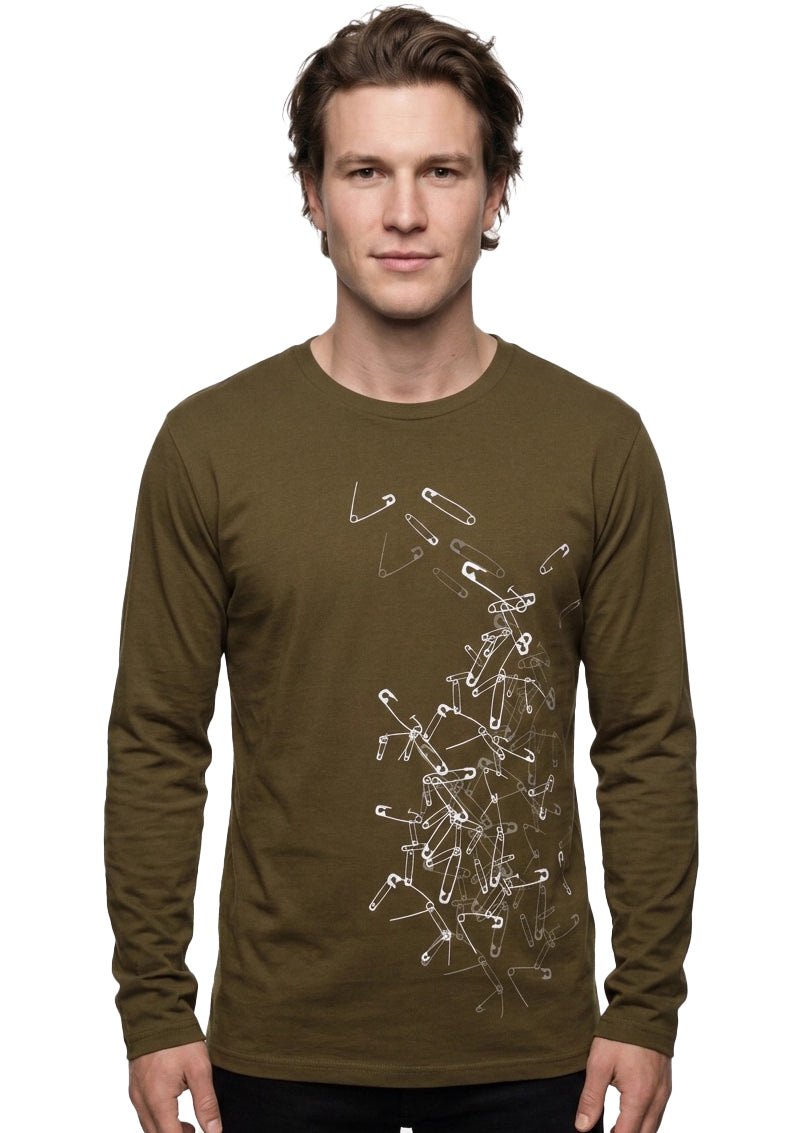 Langarmshirt "Sicherheitsnadeln" oliv, Siebdruck