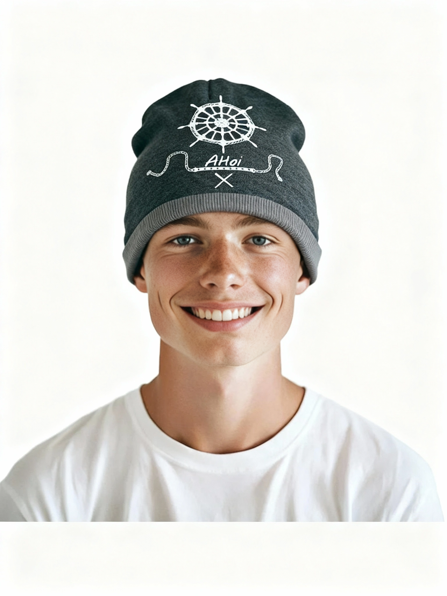 Beanie-Mütze Ahoi, grau, bedruckt, Steuerrad, Anker, Siebdruck, Kopfbedeckung, Jersey