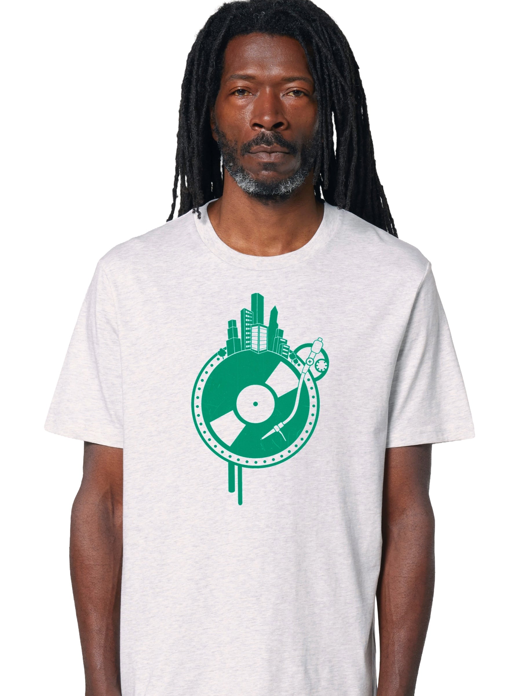T-Shirt bedruckt, "Vinyl-Weltscheibe"