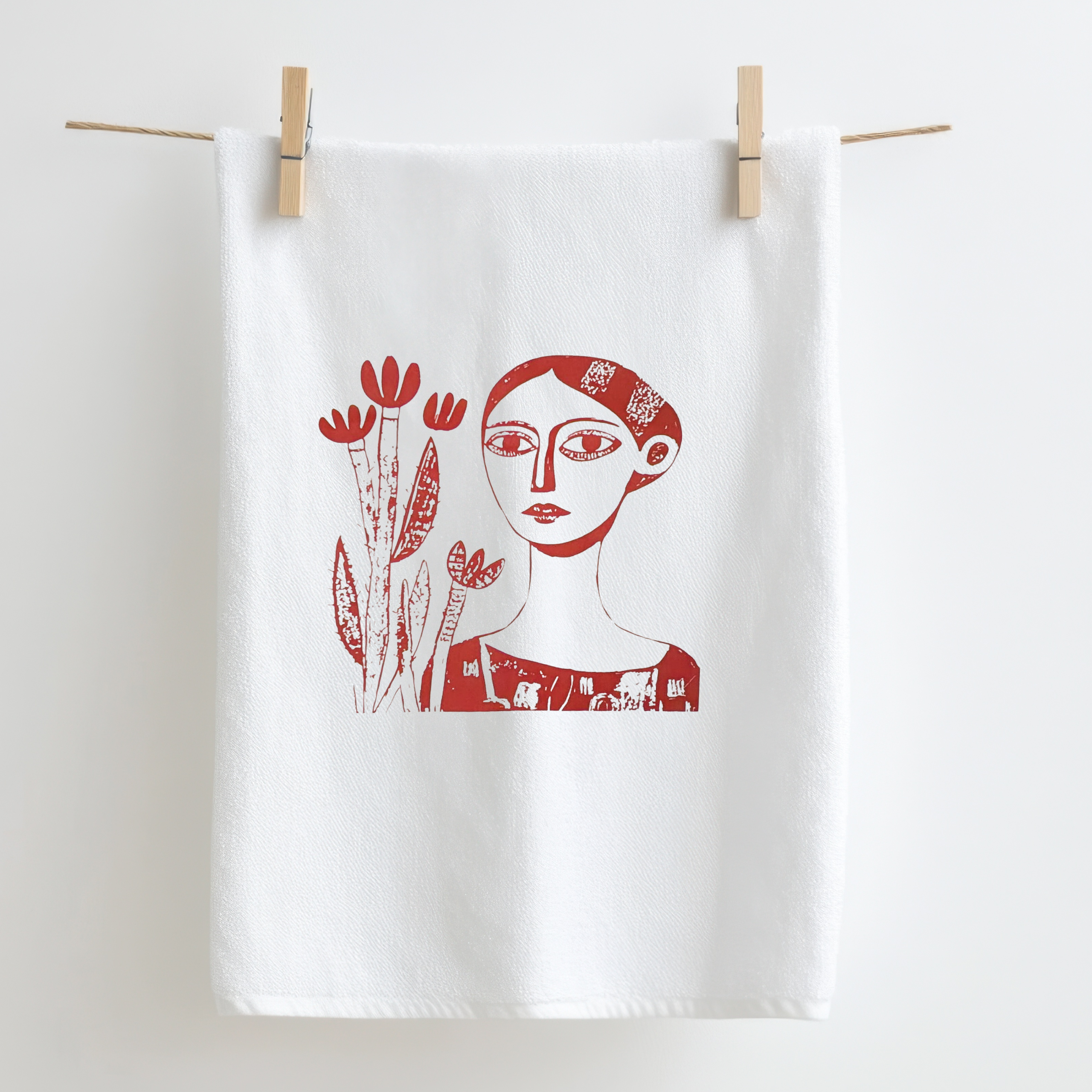 Geschirrtuch, Handsiebdruck Motiv Kaktusfrau, 100% Bio Baumwolle