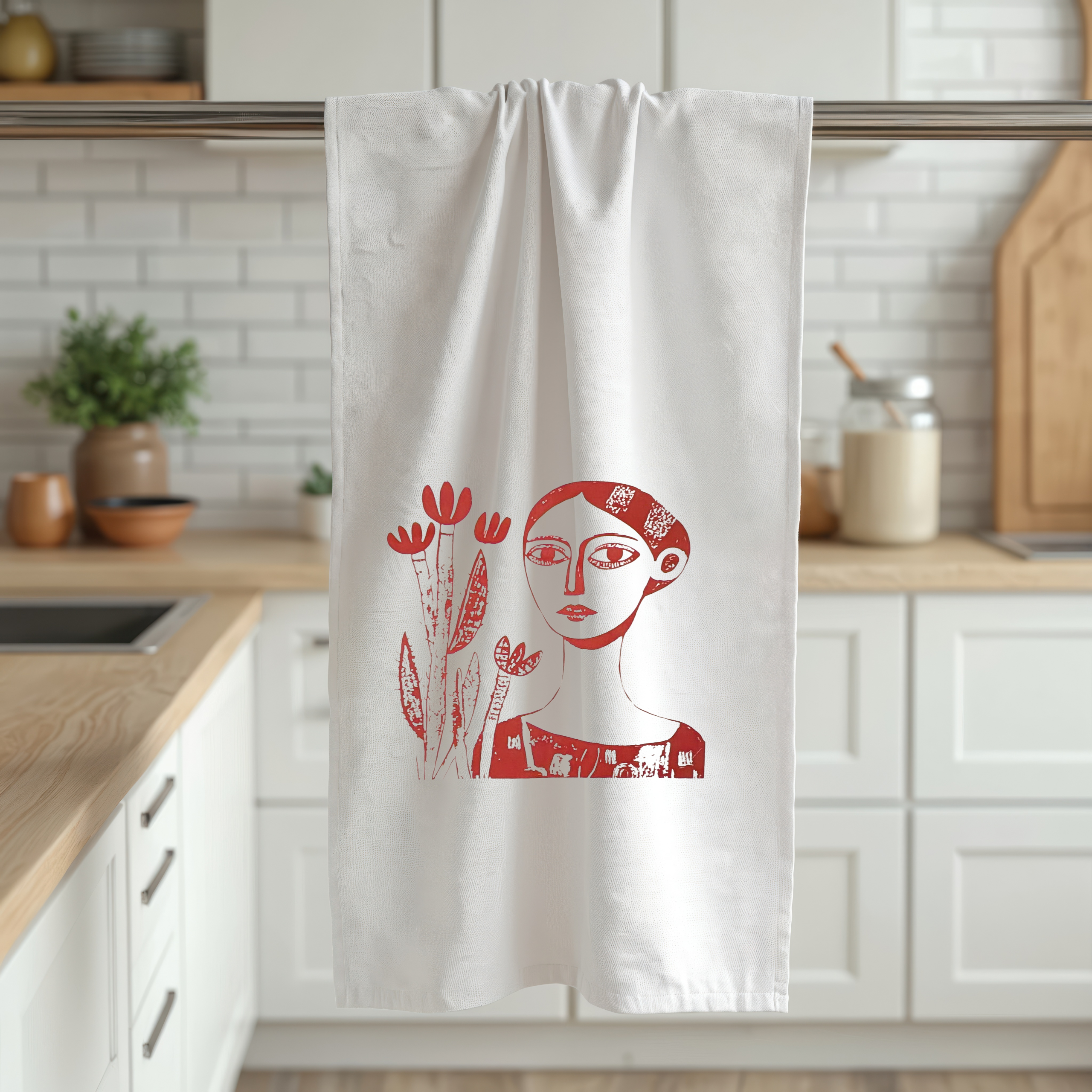 Geschirrtuch, Handsiebdruck Motiv Kaktusfrau, 100% Bio Baumwolle
