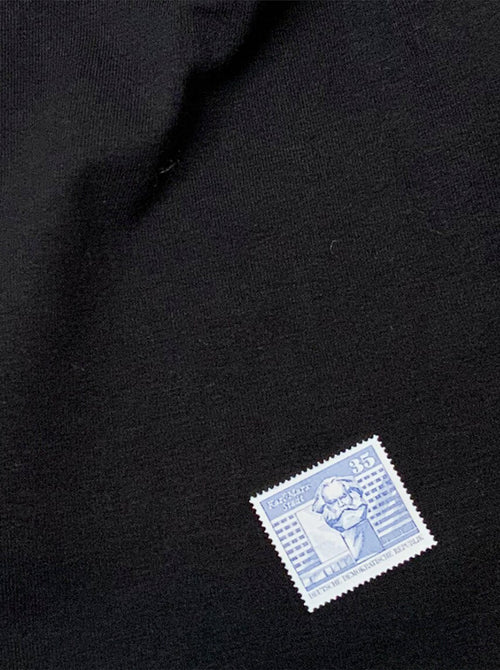 Beanie-Mütze Briefmarke, schwarz, Karl-Marx, bedruckt, Chemnitz, DDR Briefmarke, Jersey